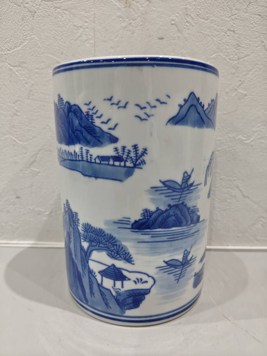 70560★陶器 山水 風景 寸胴 年代物 花器 インテリア 高さ15.2cm拍卖