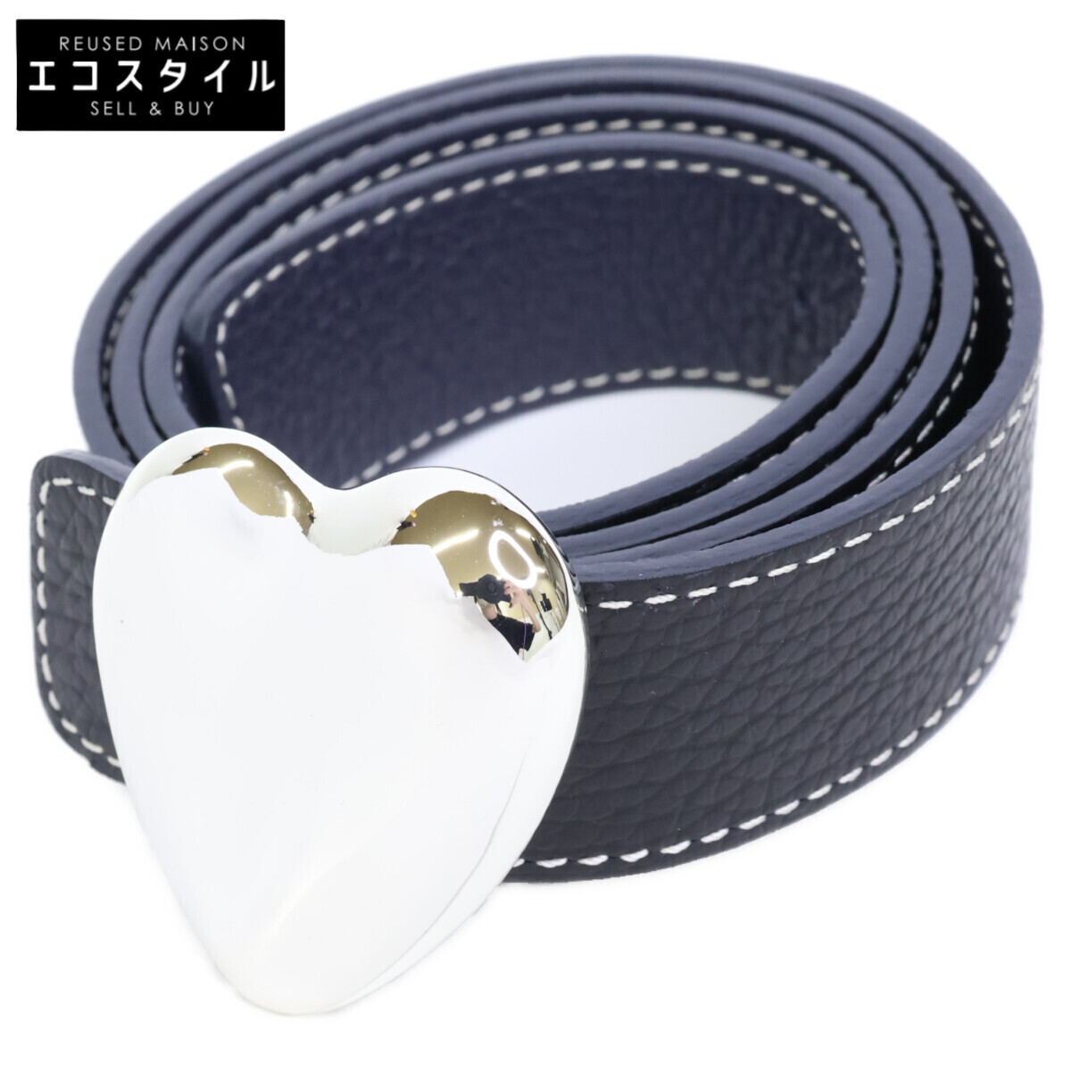 美品 A VACATION アヴァケーション HEART 30 SILVER ハートバックル リバーシブル レザー ベルト ブラック/ネイビー/シルバー拍卖