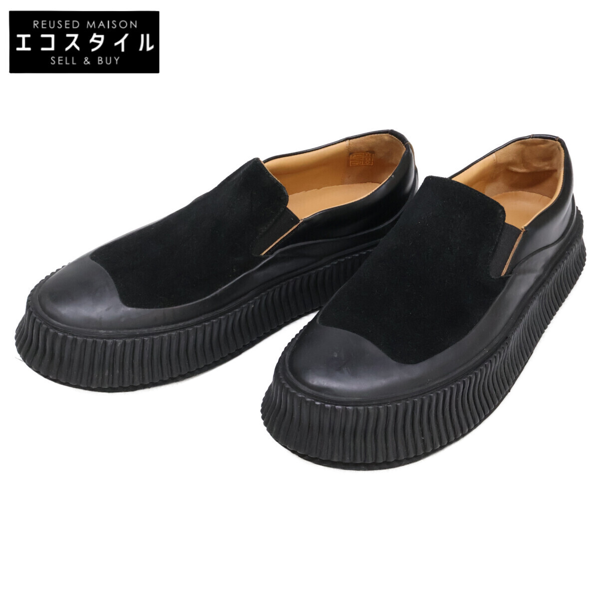美品/ JIL SANDER ジルサンダー プラットフォーム レザーxスエード スリッポン/ シューズ 43 ブラック メンズ拍卖