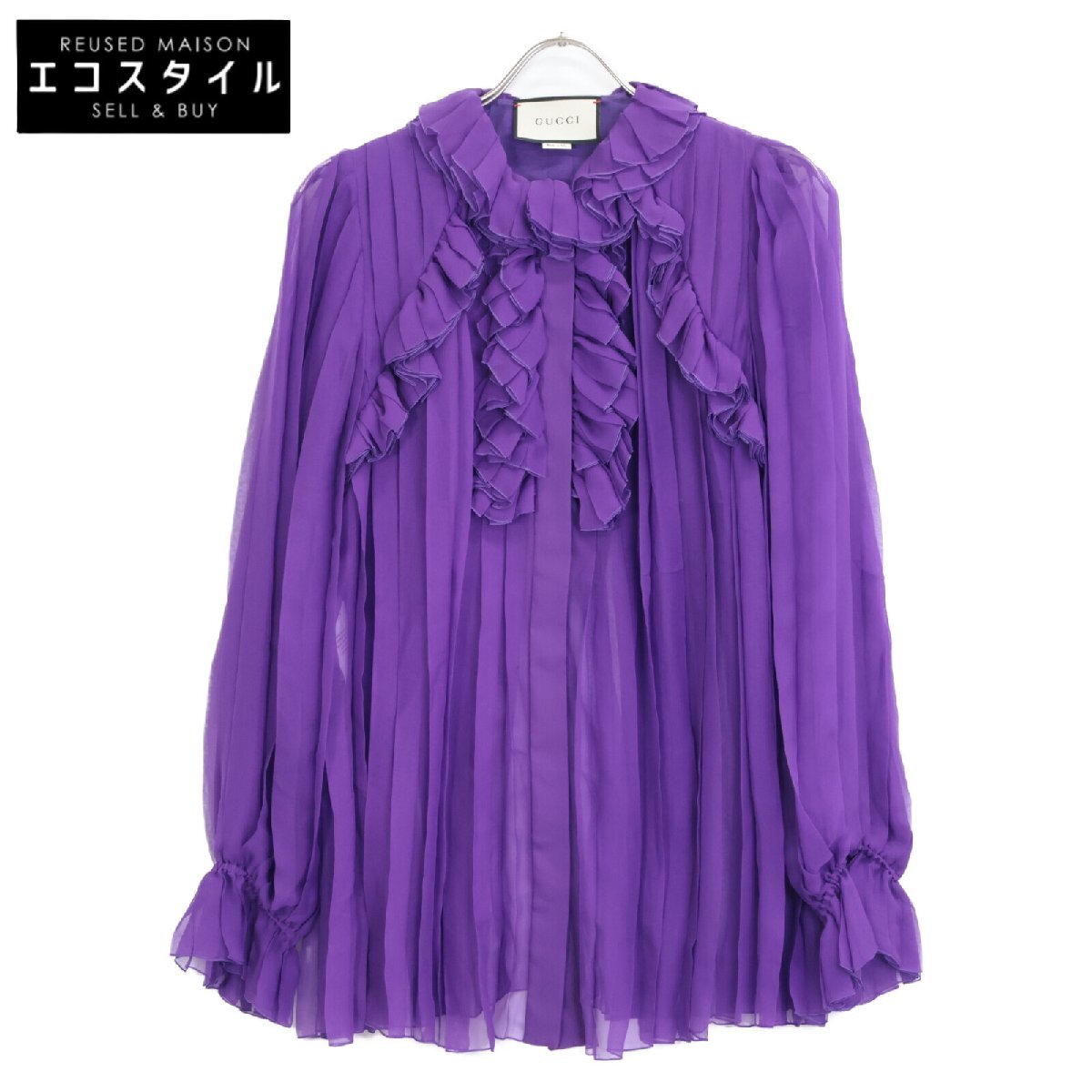 GUCCI グッチ 494413 17年 パープル シルク100 プリーツフリルシャツブラウス パープル 36 トップス シルク レディース 中古拍卖