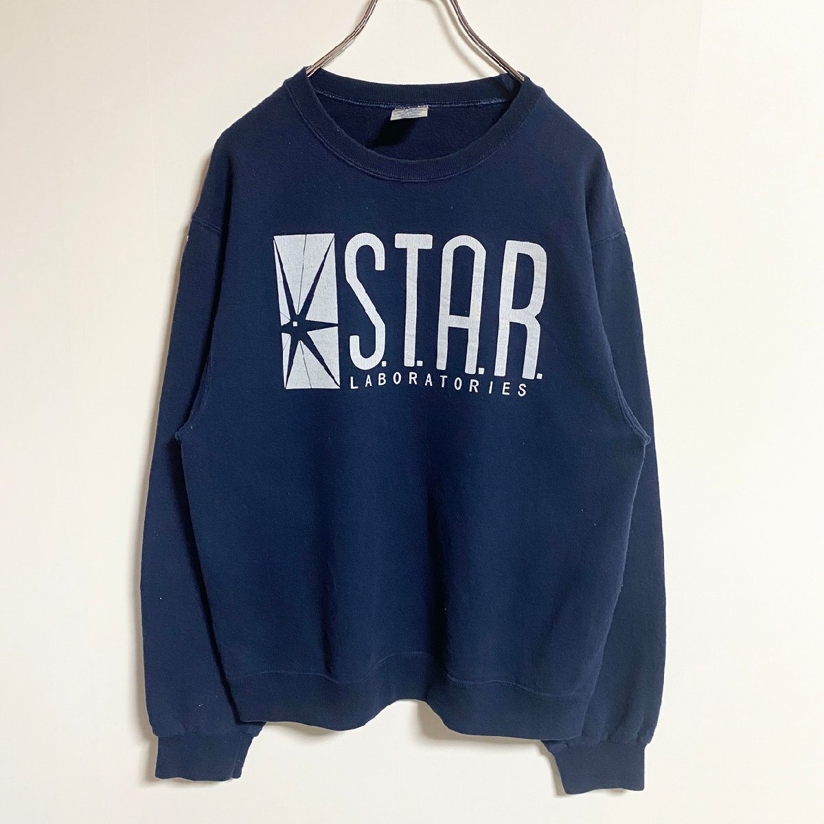 古着 used JERZEES 長袖プリントスウェット トレーナー STARLABORATORIES ネイビー 秋冬服 Sサイズ拍卖