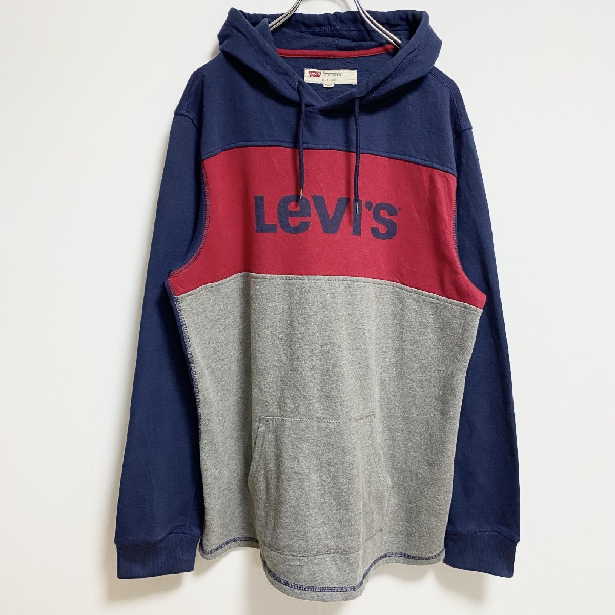 古着 used LEVIS リーバイス 長袖プリント切り替えパーカー スウェットプルオーバー ネイビー 赤 グレー XLサイズ拍卖