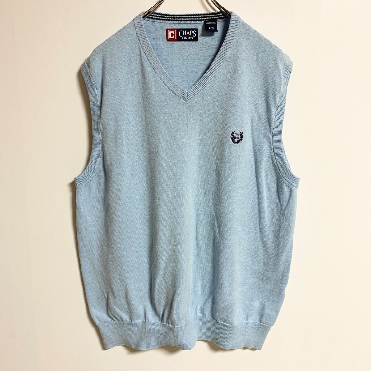 古着 used CHAPS チャップス Vネックニットベスト コットンセーター ワンポイントロゴ刺繍 水色 Lサイズ拍卖