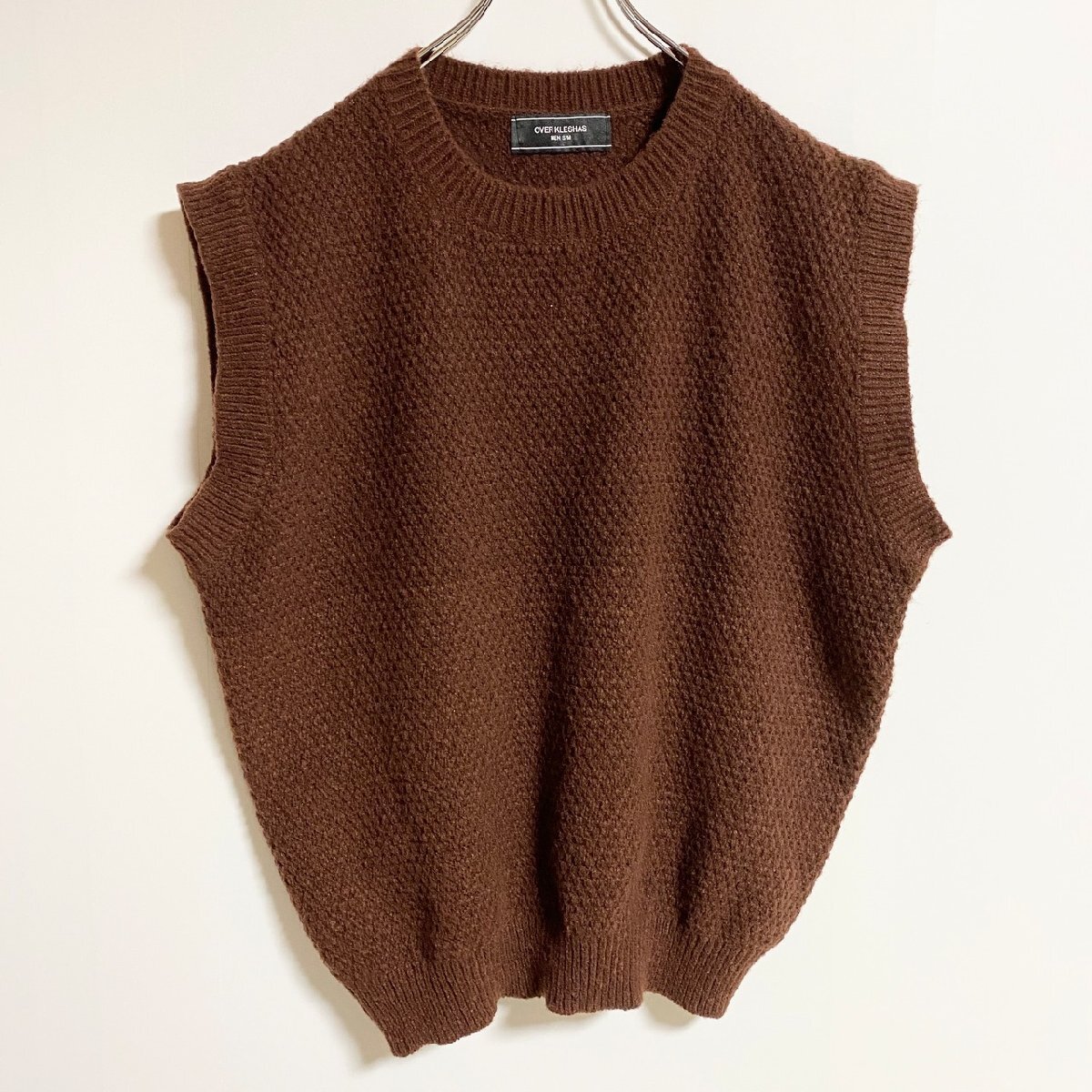 古着 used OVER KLESHAS ニットベスト セーター 茶色 ブラウン 無地 シンプル ノームコア Mサイズ拍卖