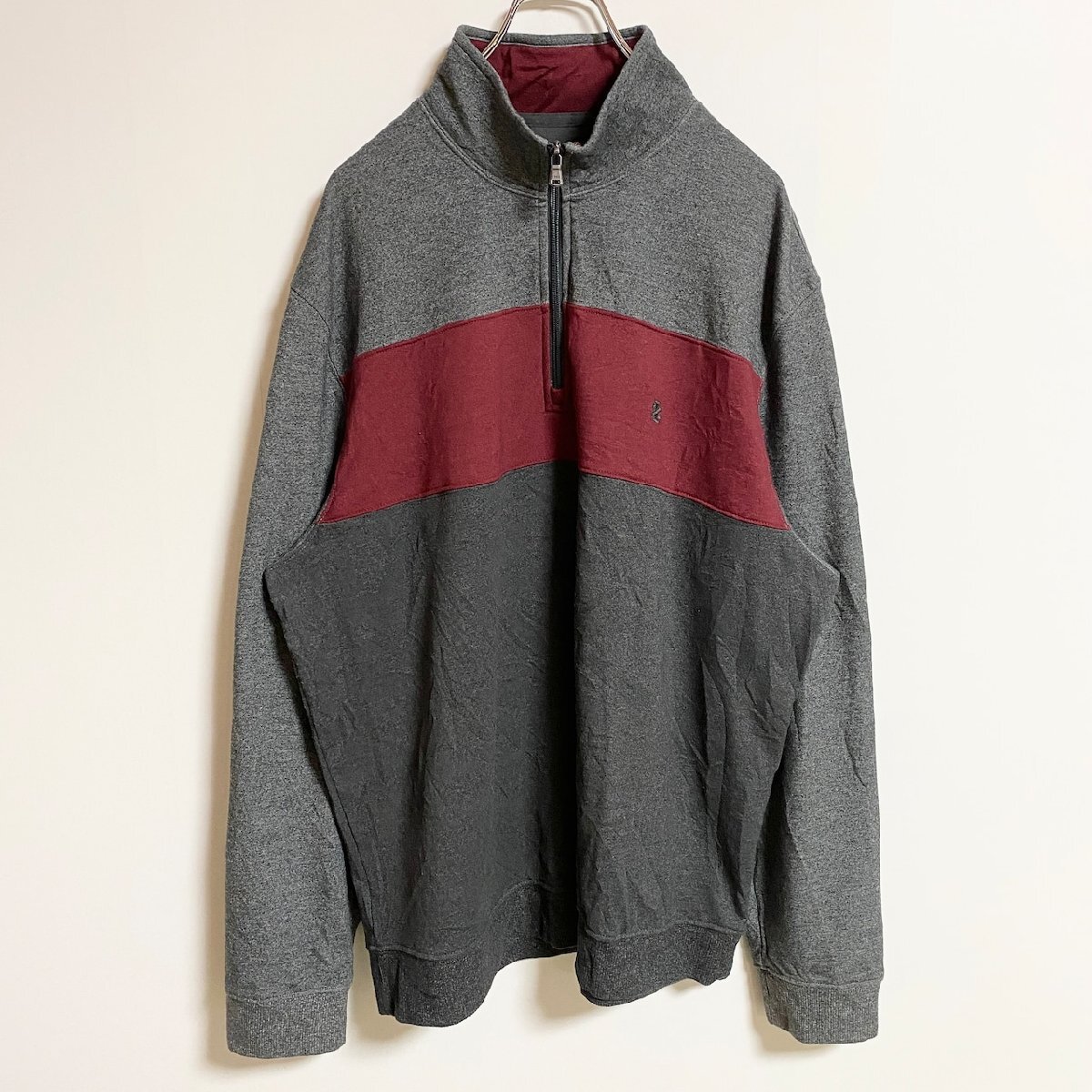 古着 used IZOD 長袖ハーフジップスウェット トレーナー ハイネック ポイント刺繍 グレー ビッグシルエット XLサイズ拍卖
