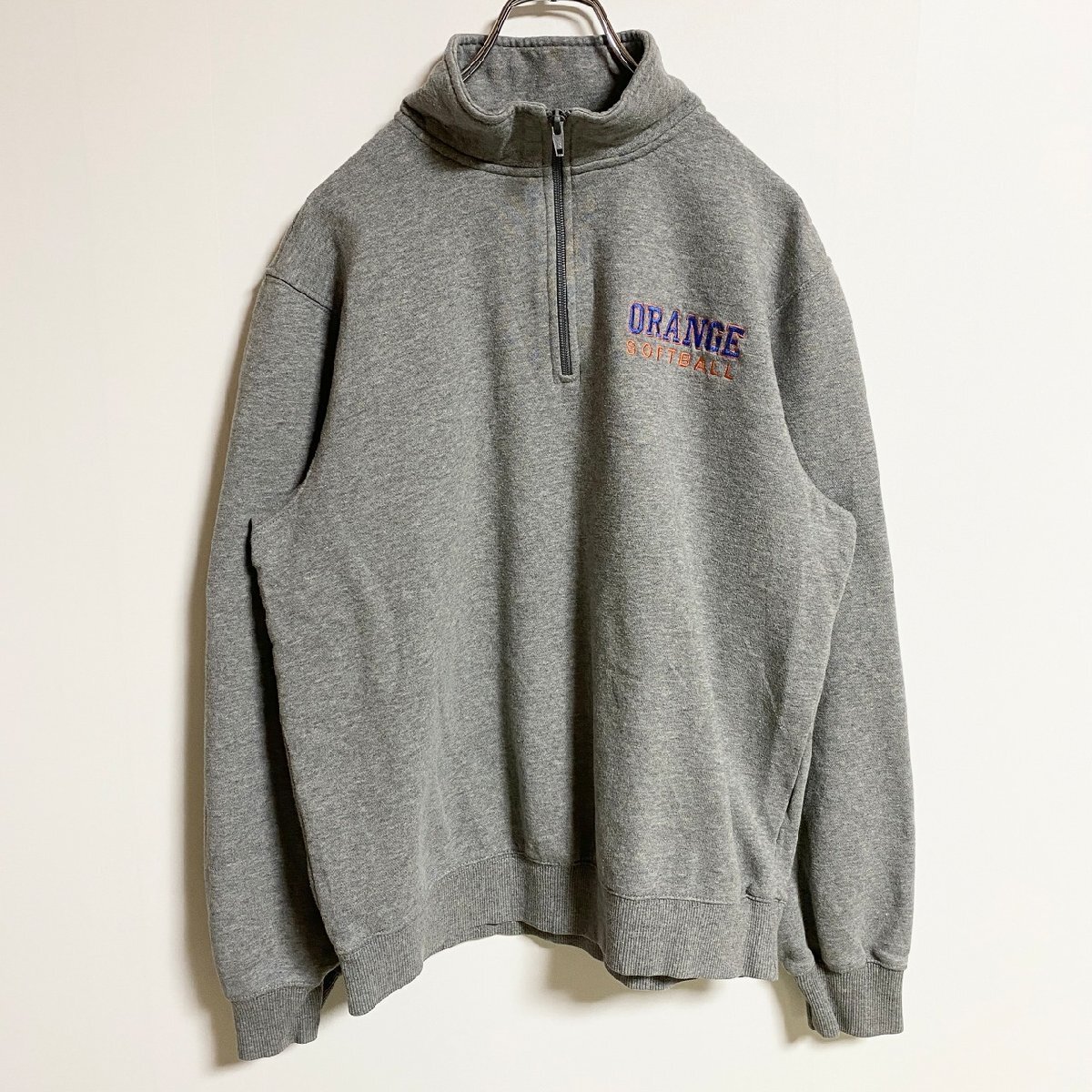 古着 used SportTek 長袖ハーフジップスウェット トレーナー ワンポイント刺繍 ソフトボール グレー 秋冬服 Sサイズ拍卖