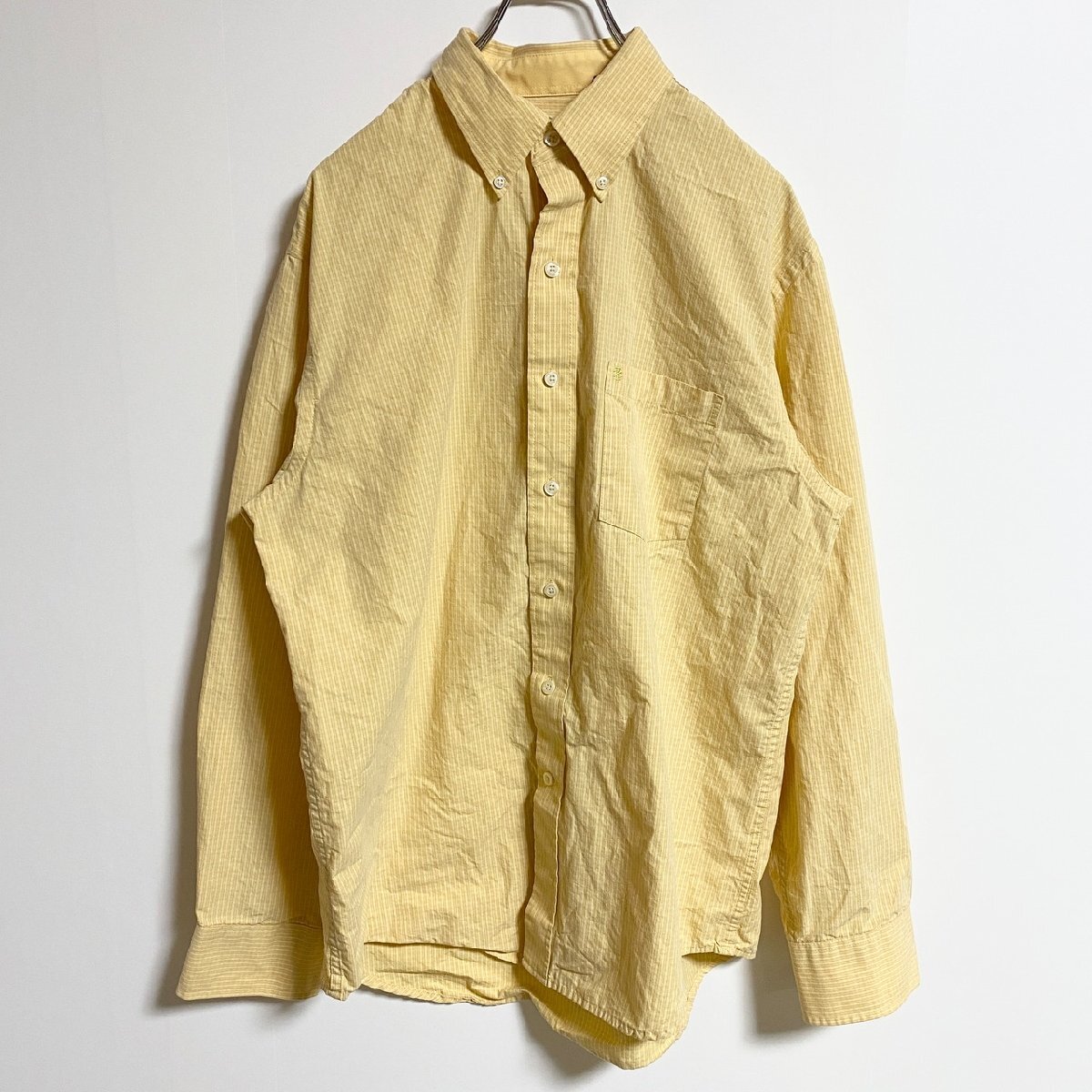 古着 used IZOD アイゾッド 長袖ワンポイント刺繍シャツ ストライプ柄 黄色 イエロー 秋冬服 レトロ Mサイズ拍卖