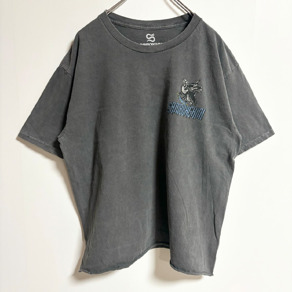 古着 used SAMBORGHINI 半袖バックプリントTシャツ ワンポイント 切りっぱなし グレー 春夏服 Lサイズ拍卖