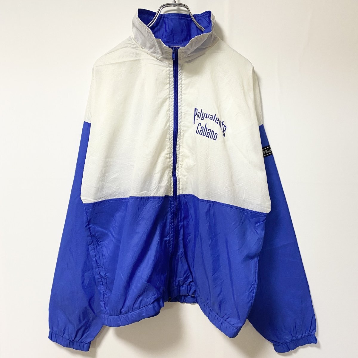 古着 used DIAGORE 長袖ワンポイント刺繍ナイロンジャケット ライトアウター 刺〓 レトロデザイン 青 白 Mサイズ拍卖