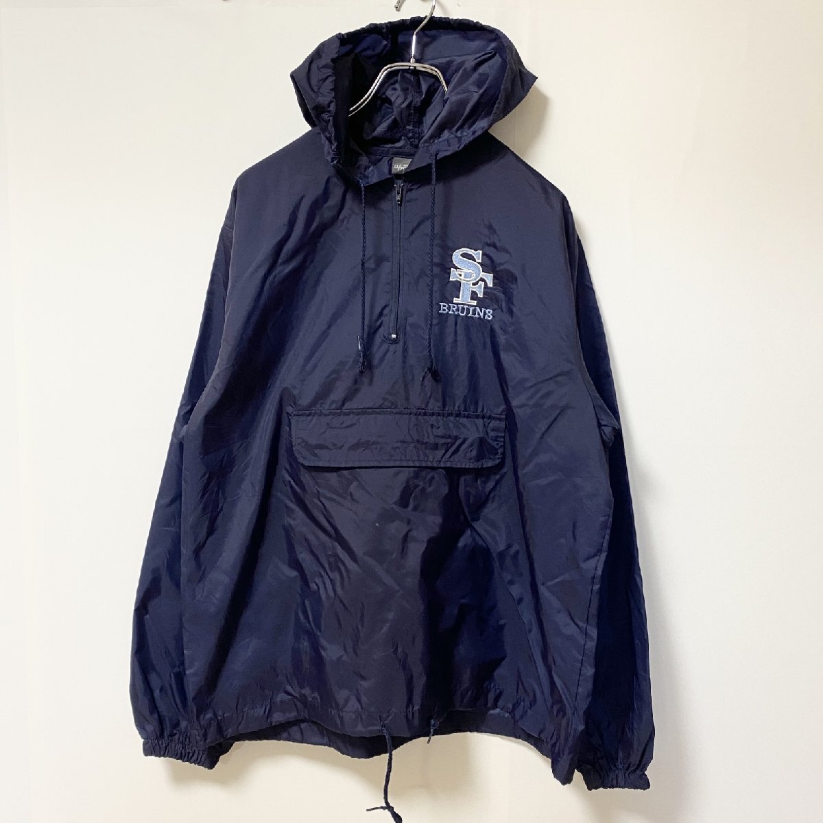 古着 used 長袖ハーフジップアノラックパーカー ナイロンジャケット ウインドブレーカー ロゴ刺繍 ネイビー Mサイズ拍卖