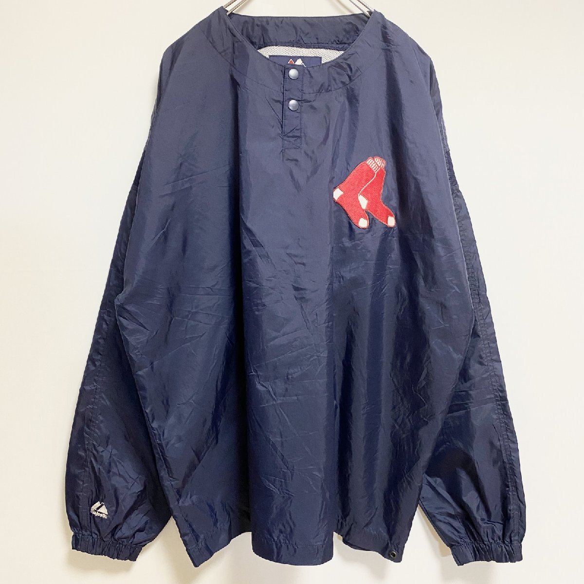古着 used Majestic 長袖ワンポイント刺繍ナイロンプルオーバー ボストンレッドソックス ネイビー 紺 Lサイズ拍卖