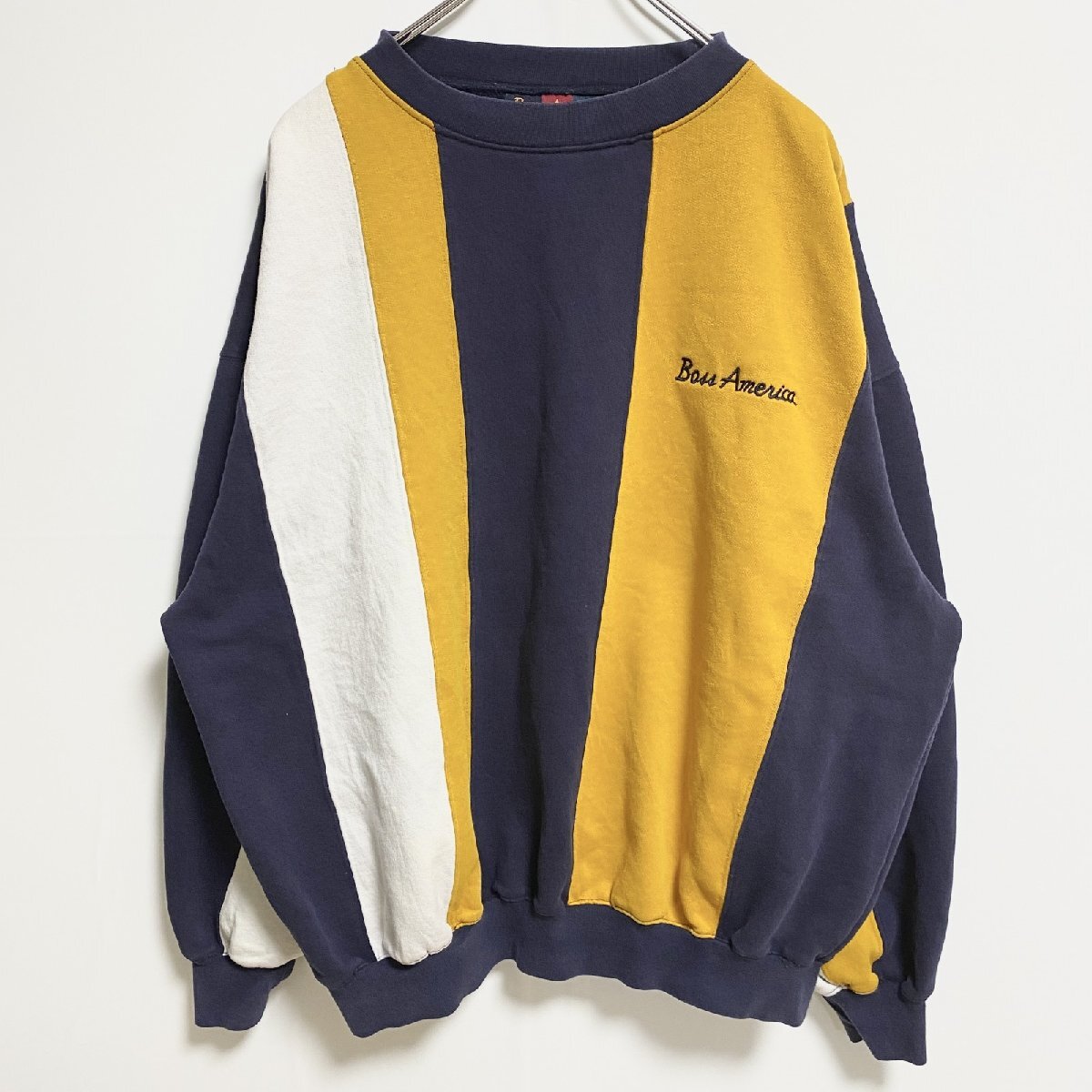 古着 used ~90s Boss America 長袖切り替えスウェット/トレーナー ヴィンテージ 黄色 ネイビー XLサイズ拍卖