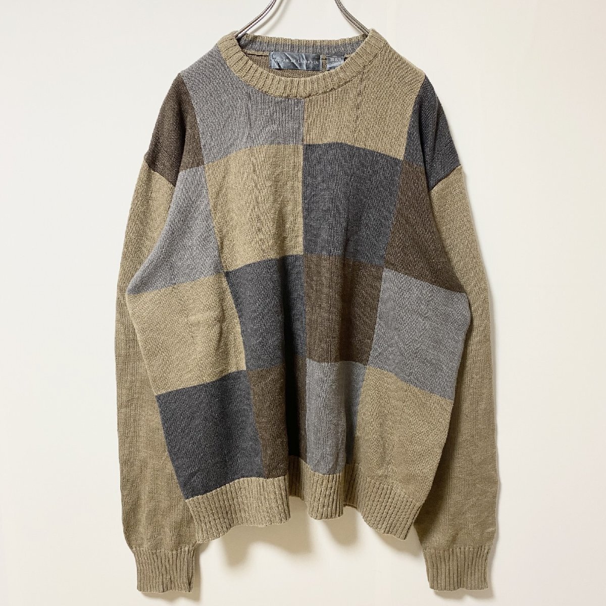 古着 used ~90s ブロックチェック柄コットンニットセーター ヴィンテージ 茶色 ベージュ XXLサイズ拍卖