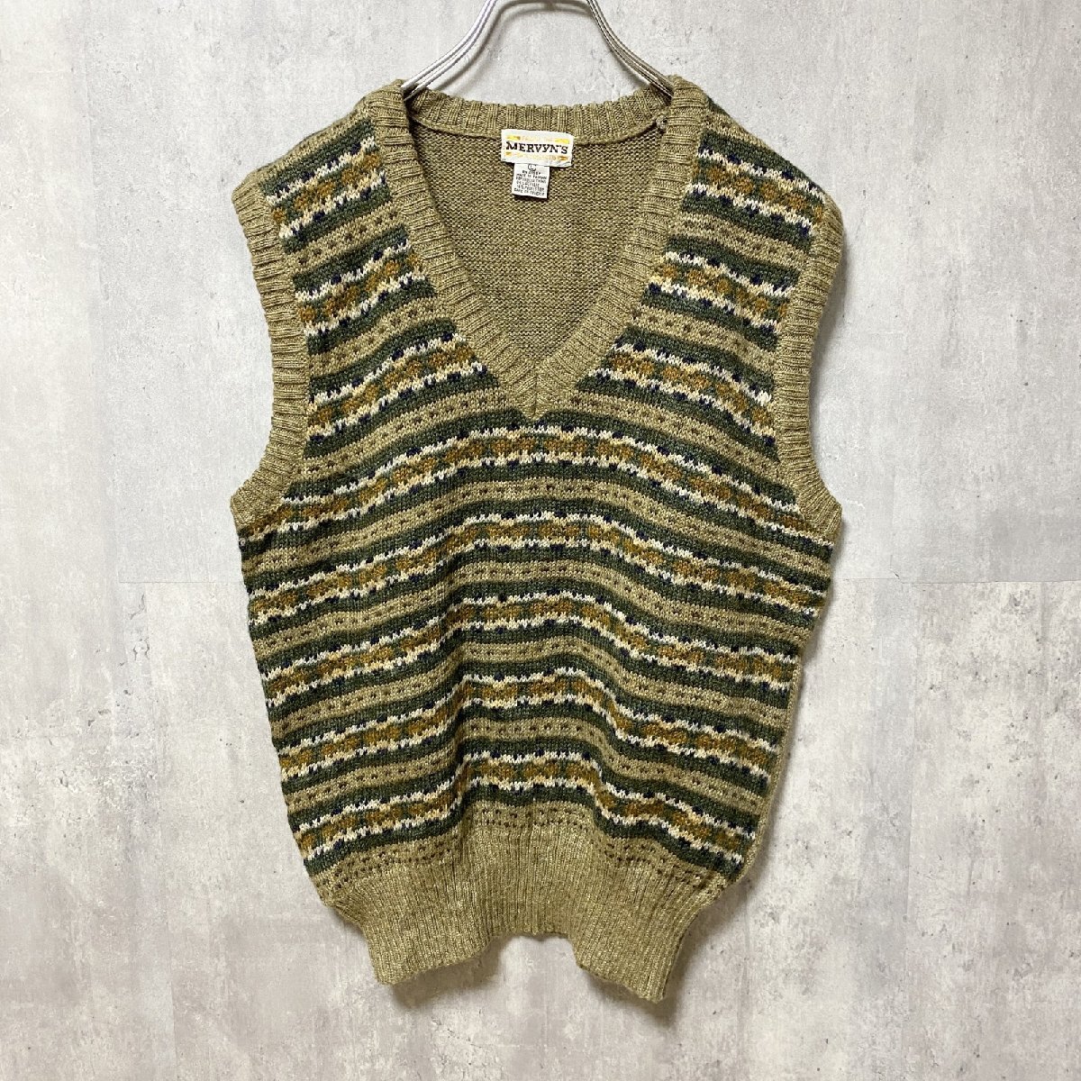 古着 used ~90s MERVYN’S 総柄アクリルニットベスト Vネック フェアアイル ヴィンテージ 秋冬服 Lサイズ拍卖