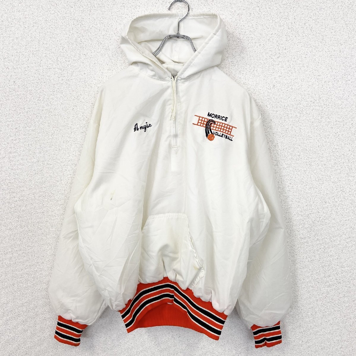 古着 used 長袖アノラックパーカー ナイロンプルオーバー ライトアウター ハーフジップ 刺繍 レトロデザイン 白 XLサイズ拍卖