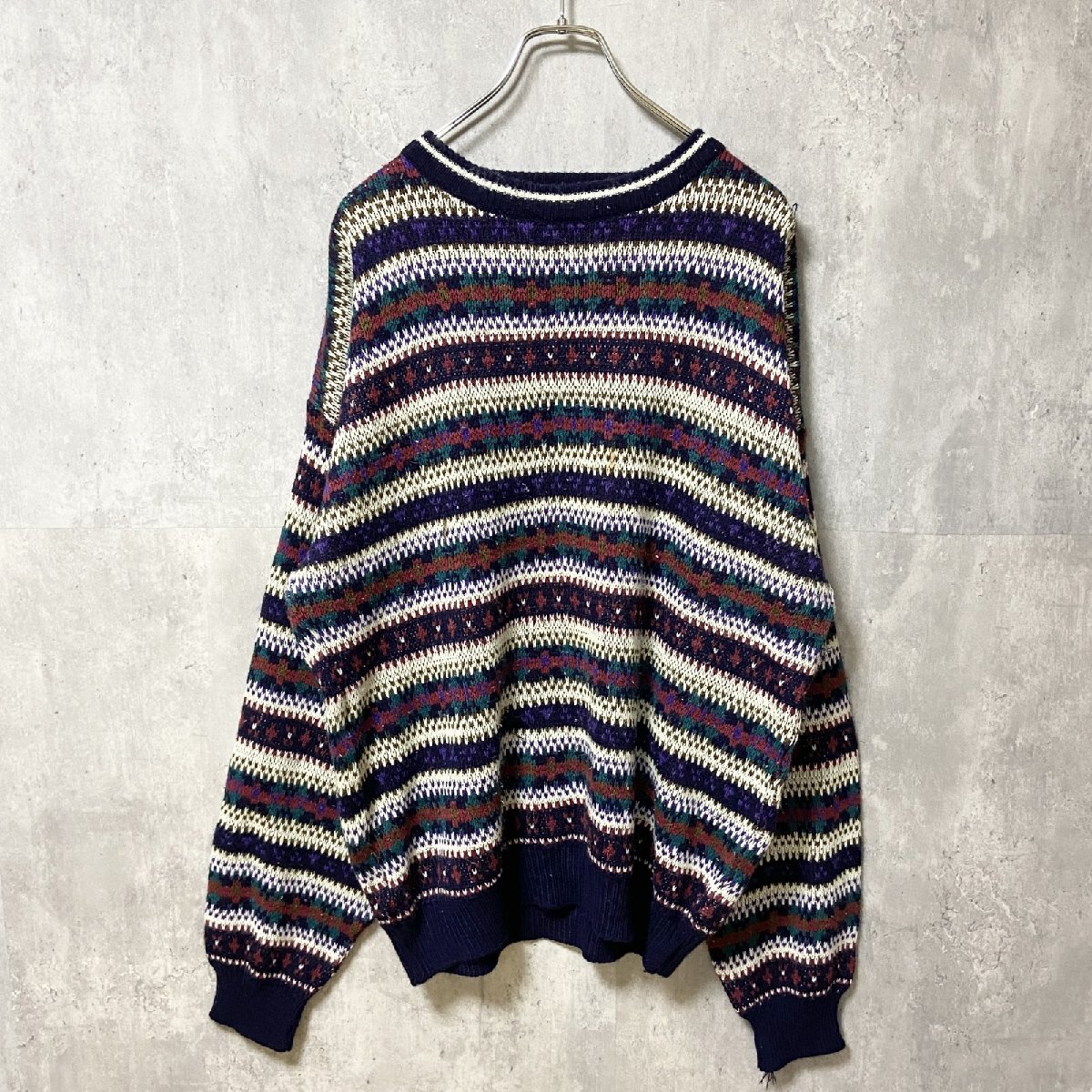 古着 used ~90s TREND BASICS 総柄アクリルニットセーター ネイビー ビッグシルエット XLサイズ拍卖