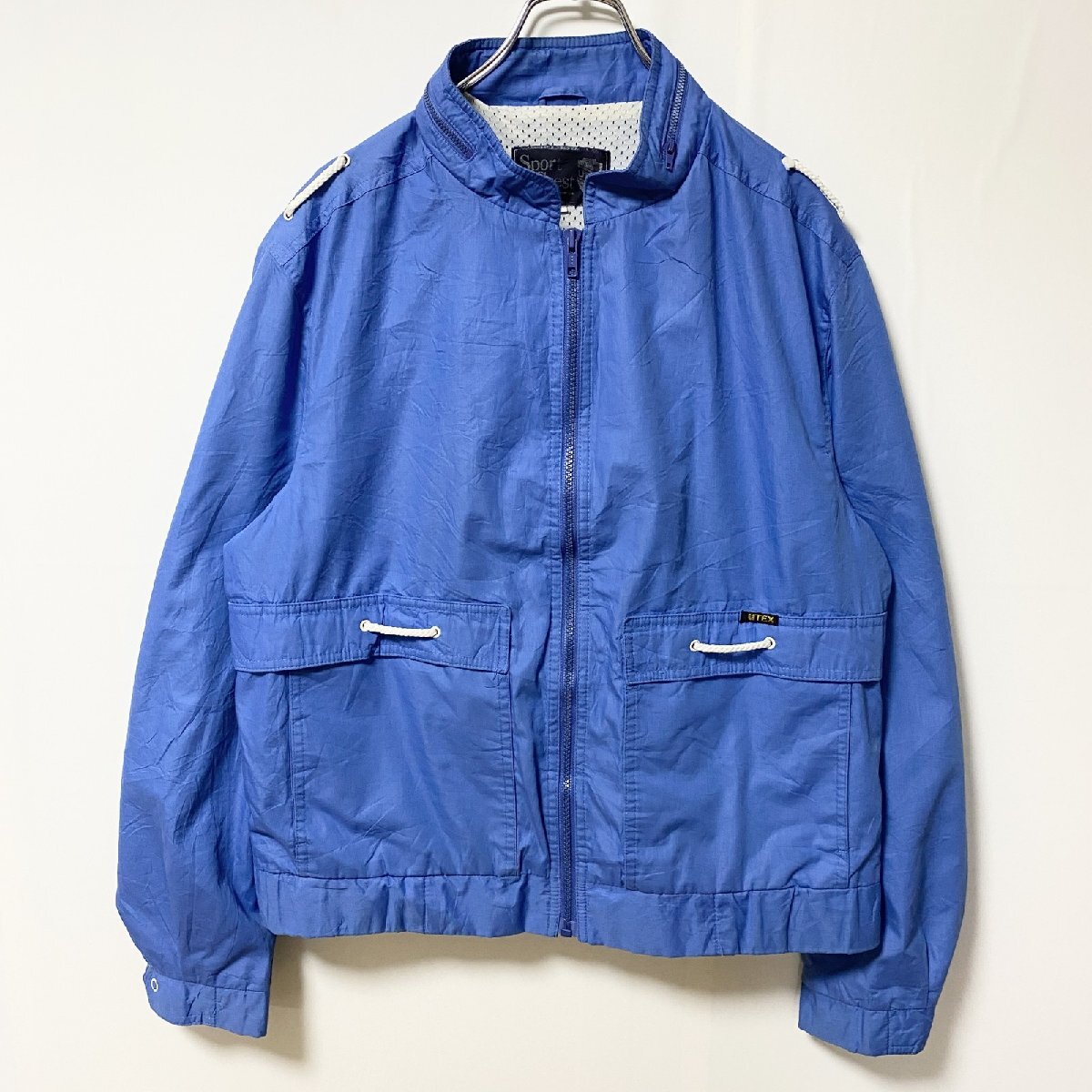 古着 used Sport Crest 長袖フルジップナイロンジャケット ジャンパー レトロデザイン ブルー 青 Mサイズ拍卖