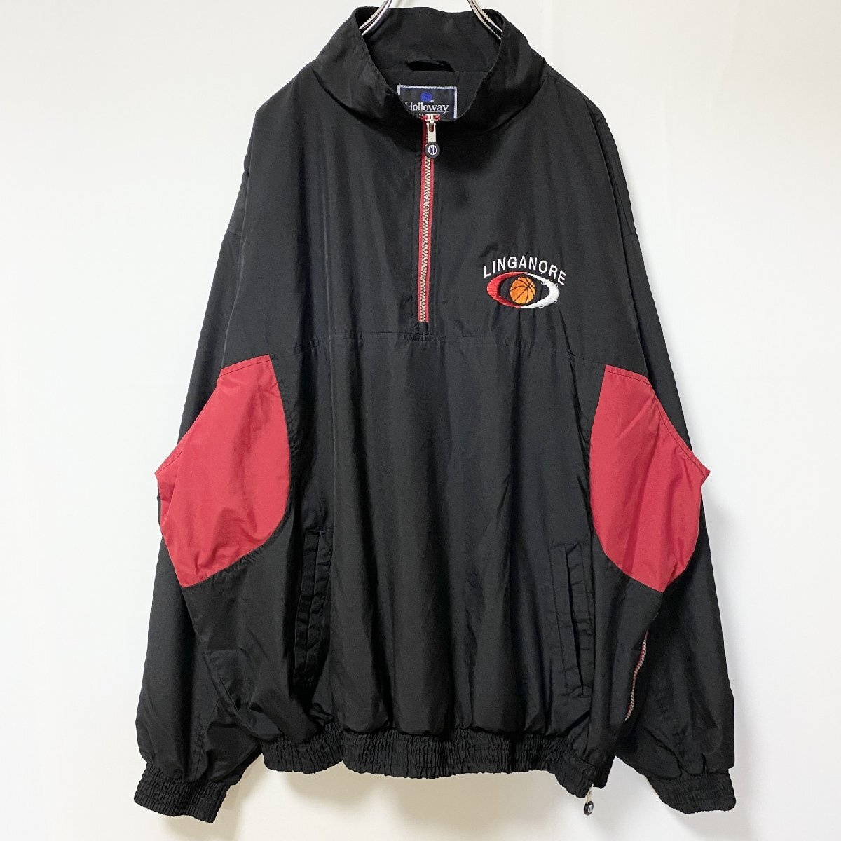 古着 used Holloway 長袖ハーフジップナイロンジャケット ワンポイント刺繍 ハイネック バスケ 黒 2XLサイズ拍卖