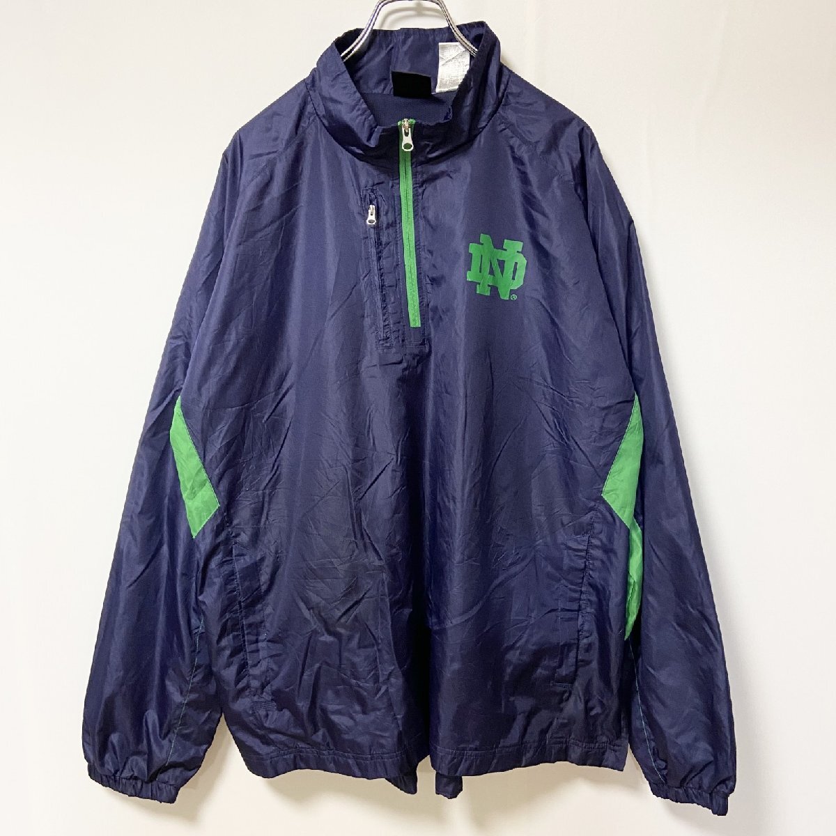 古着 used Genuine stuff 長袖ハーフジップナイロンプルオーバー ワンポイントロゴ ネイビー 緑 XLサイズ拍卖