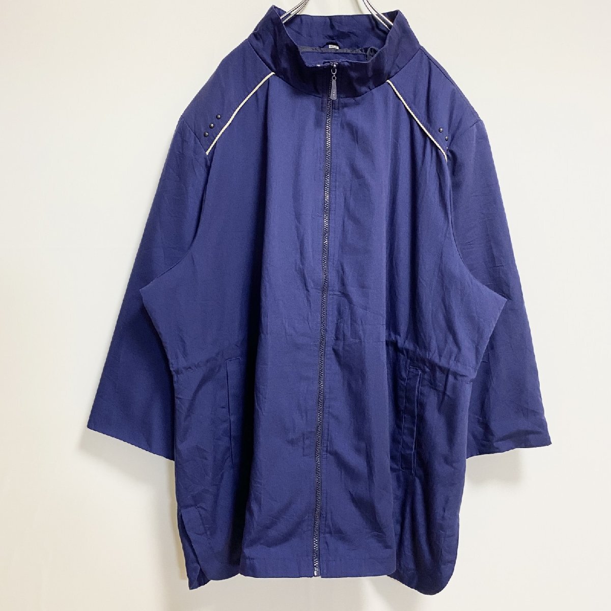 古着 used ALIA 七分袖ジップアップブルゾン ハイネックジャンパー ネイビー 秋冬服 ビッグシルエット 4XLサイズ拍卖