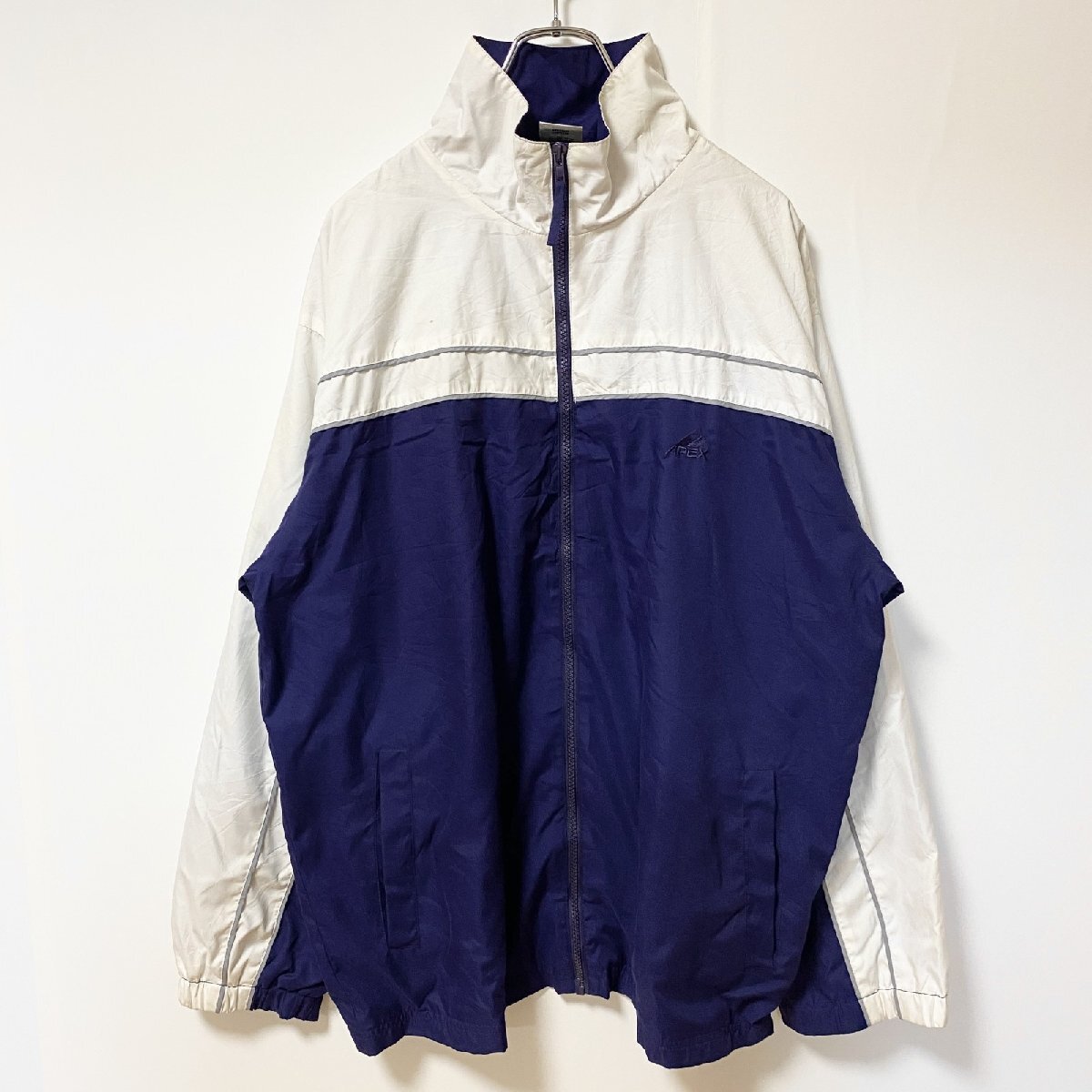 古着 used APEX 長袖ジップアップナイロンジャケット ワンポイント刺繍 アウター レトロデザイン 白 ネイビー Lサイズ拍卖
