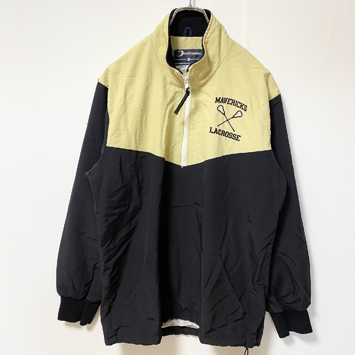 古着 used Boathouse 長袖ハーフジップナイロンプルオーバー ラクロス レトロ ハイネック 黒 ベージュ Sサイズ拍卖
