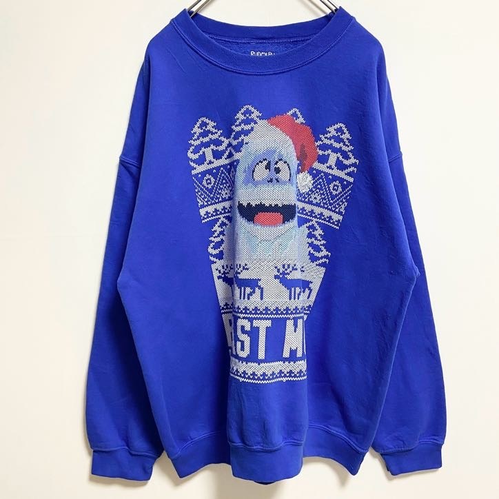 古着 used RUDOLPH 長袖プリントスウェット トレーナー 雪男 クリスマス 青 秋冬服 ビッグシルエット XLサイズ拍卖