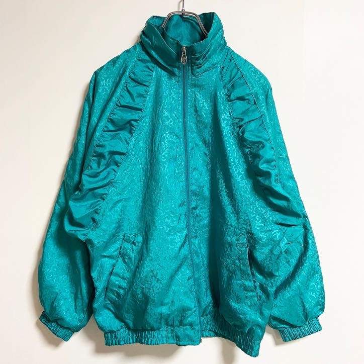 古着 used LAVON 長袖ジップアップ総柄ナイロンジャケット ハイネック 光沢感 緑 グリーン 秋冬服 レトロ Sサイズ拍卖