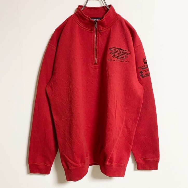 古着 used 長袖ハーフジップスウェット トレーナー ハイネック ワンポイントロゴ刺繍 赤 レッド 秋冬服 Mサイズ拍卖