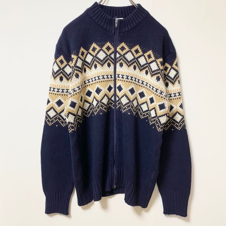 古着 used ~90s st.michael フルジップニットセーター カーディガン フェアアイル柄 ネイビー 秋冬服拍卖