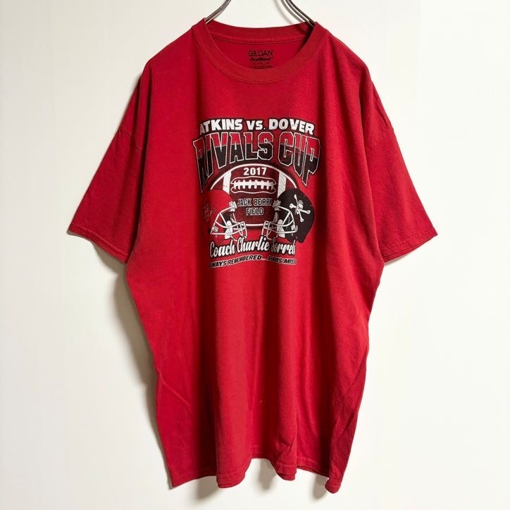 古着 used GILDAN ギルダン 半袖プリントTシャツ アメフト スポーツ 赤 レッド 春夏服 ビッグシルエット XLサイズ拍卖
