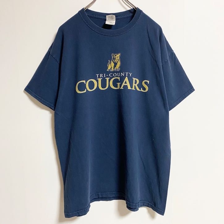 古着 used GILDAN ギルダン 半袖ロゴプリントTシャツ クルーネック COUGARS ネイビー 春夏服 Lサイズ拍卖