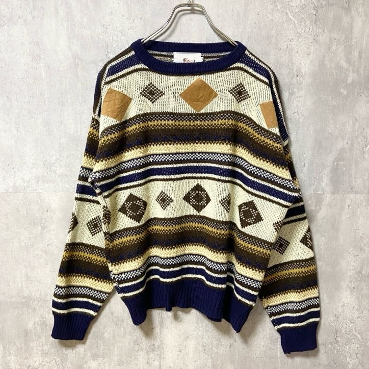 古着 used ~90s STREET SCENES 長袖デザインニット セーター 総柄 パッチワーク ヴィンテージ Mサイズ拍卖