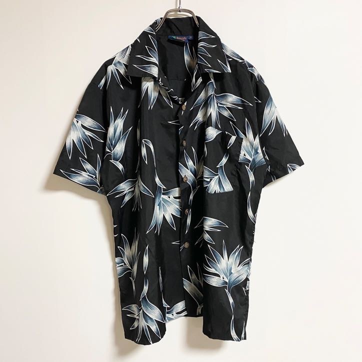 古着 used Roundy Bay 半袖総柄デザイン開襟シャツ アロハシャツ 花柄 黒 ブラック 春夏服 レトロ Mサイズ拍卖