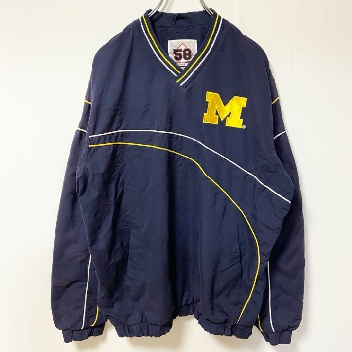 古着 used 58 SPORTS 長袖ナイロンプルオーバー ロゴ刺繍 Vネック MICHIGAN ワッペン ネイビー Mサイズ拍卖