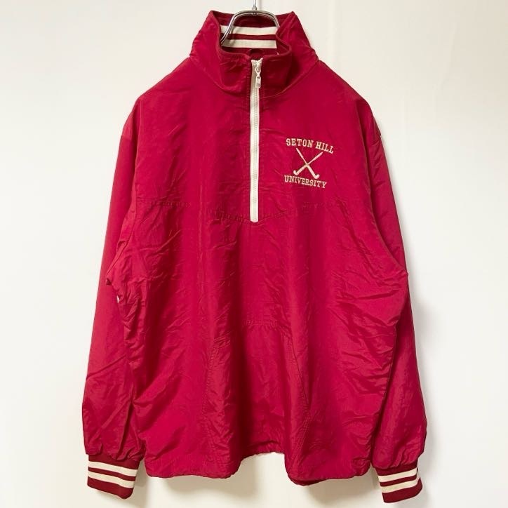 古着 used RENNOC 長袖ハーフジップナイロンジャケット カレッジロゴ刺繍 ハイネック 赤 レッド Mサイズ拍卖