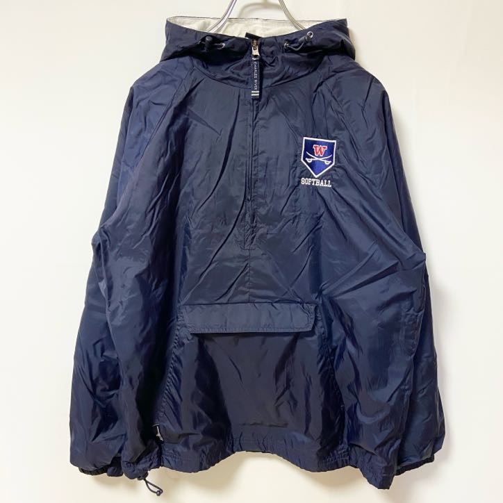 古着 used CHARLES RIVER 長袖ハーフジップナイロンジャケット ポケット ワンポイント刺繍 ネイビー Sサイズ拍卖