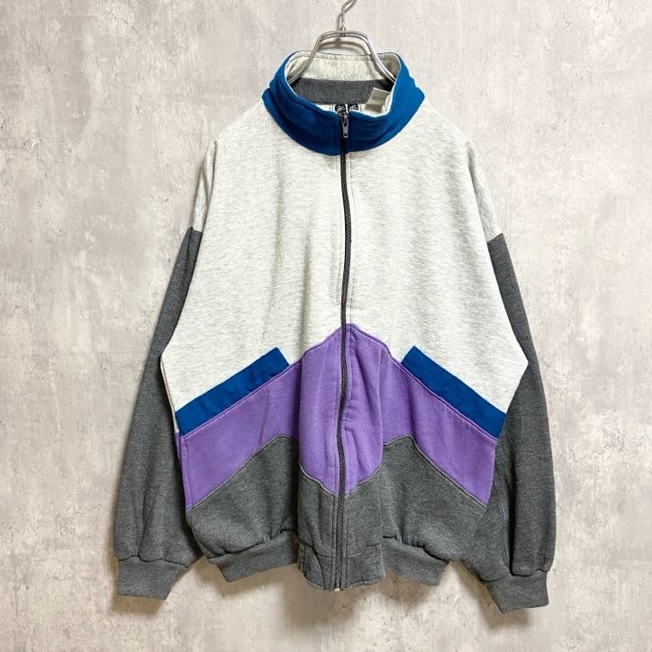 古着 used ~90s ACTIVEWEAR フルジップ切替スウェット トレーナー グレー パープル オーバーサイズ XLサイズ拍卖
