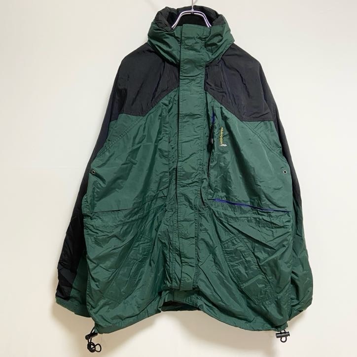 古着 used STEARNS 長袖ワンポイント刺繍ナイロンジャケット フード収納 黒 緑 バイカラー 秋冬服 Lサイズ拍卖