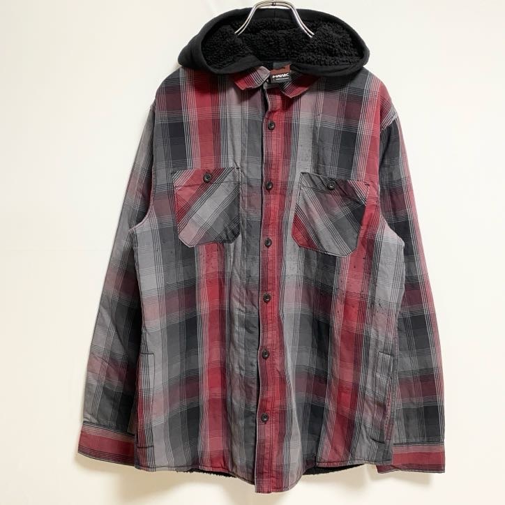 古着 used HAWK 長袖チェック柄シャツジャケット 裏ボアパーカー 赤 レッド グレー 秋冬服 レトロ Lサイズ拍卖