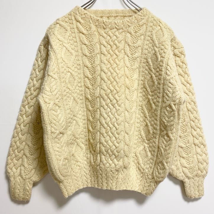 古着 used 長袖フィッシャーマンニット 厚手セーター クルーネック ノームコア 白 ホワイト 秋冬服 レトロ拍卖