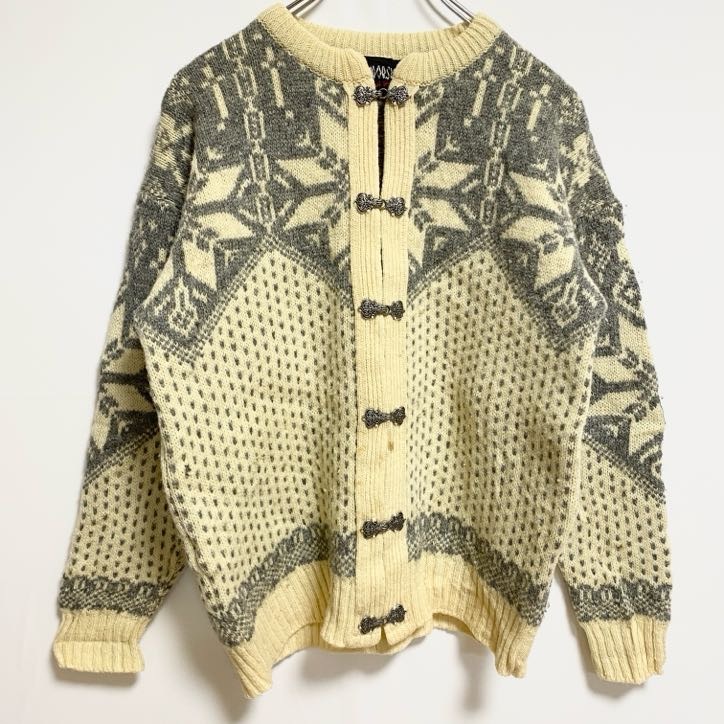 古着 used 長袖ノルディック柄ニットカーディガン 厚手総柄セーター クルーネック 白 ホワイト 秋冬服 レトロ拍卖