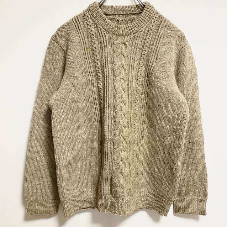 古着 used 長袖クルーネックニット 厚手セーター ノームコア シンプル ベージュ ライトブラウン 秋冬服 レトロ拍卖