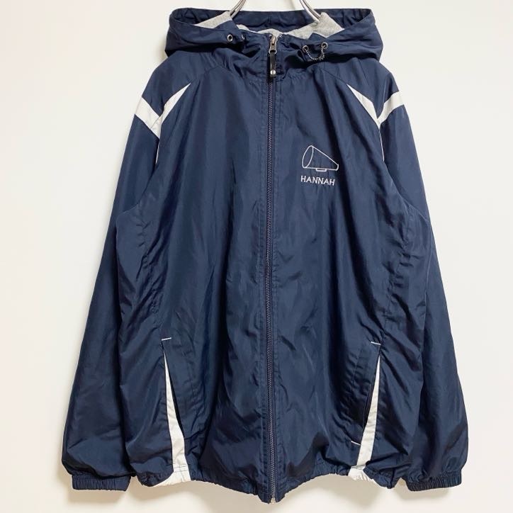 古着 used HOLLOWAY 長袖ジップアップナイロンジャケット ロゴワッペン刺繍パーカー チアリーディング ネイビー 紺拍卖