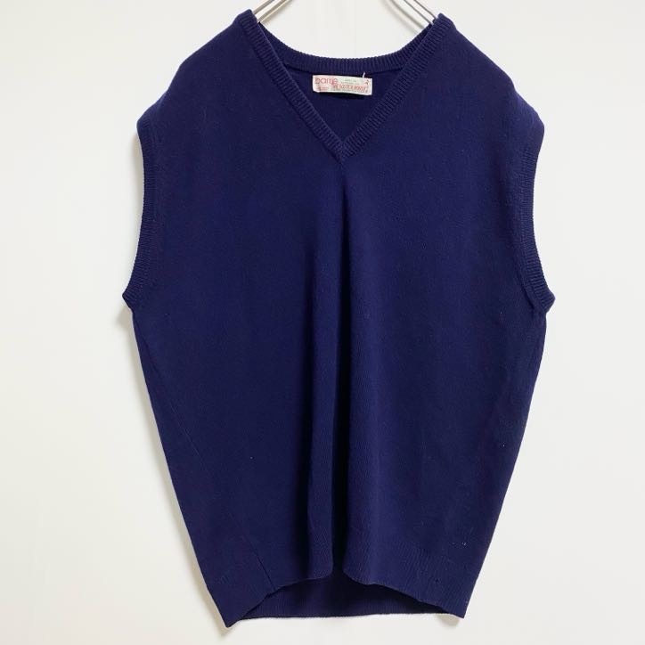 古着 used 80s Barrie Vネック無地ニットベスト 薄手セーター ネイビー 紺 ヴィンテージ vintage レトロ拍卖