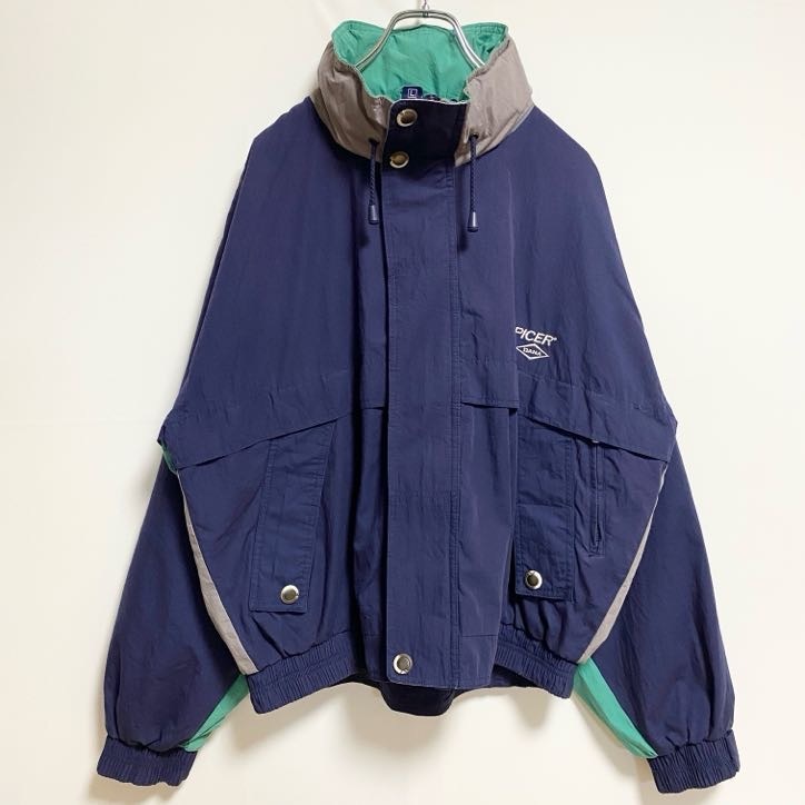 古着 used swingster 長袖ワンポイント刺繍マウンテンジャケット ハイネックブルゾン ネイビー ヴィンテージ Lサイズ拍卖