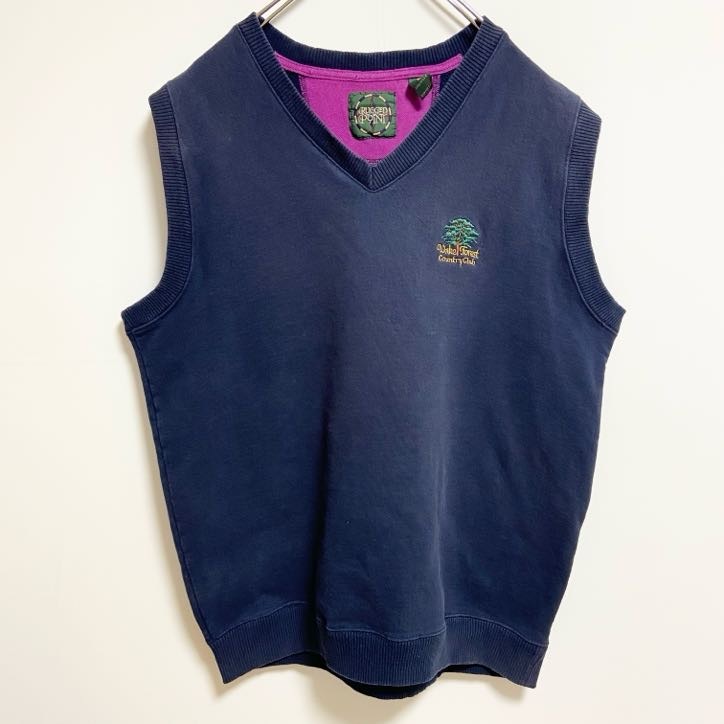 古着 used ~90s RUGGEDPONIT Vネックニットベスト ワンポイント刺繍 森 ネイビー 紺 Lサイズ拍卖