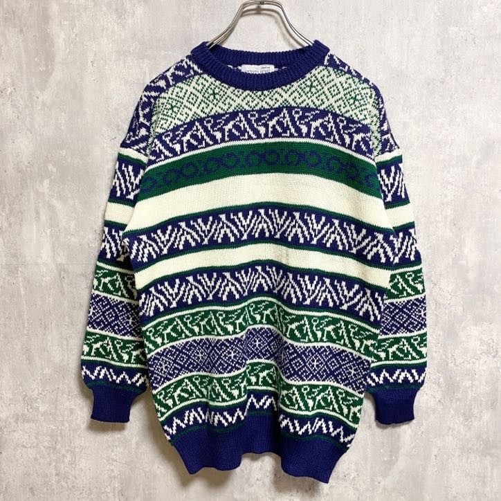 古着 used ~90s ATTITUDE アクリルニットセーター ノルディック柄 ヴィンテージ 青 緑 白 Mサイズ拍卖