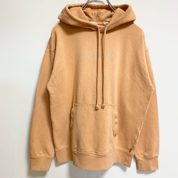 古着 used LEVIS リーバイス 長袖フロントロゴプリントパーカー スウェットプルオーバー オレンジ 秋冬服 Sサイズ拍卖