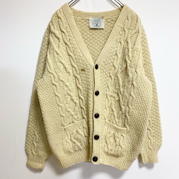古着 used 英国製 Celtic Woollenes 長袖フィッシャーマンニットカーディガン 厚手Vネックセーター 白 秋冬服拍卖